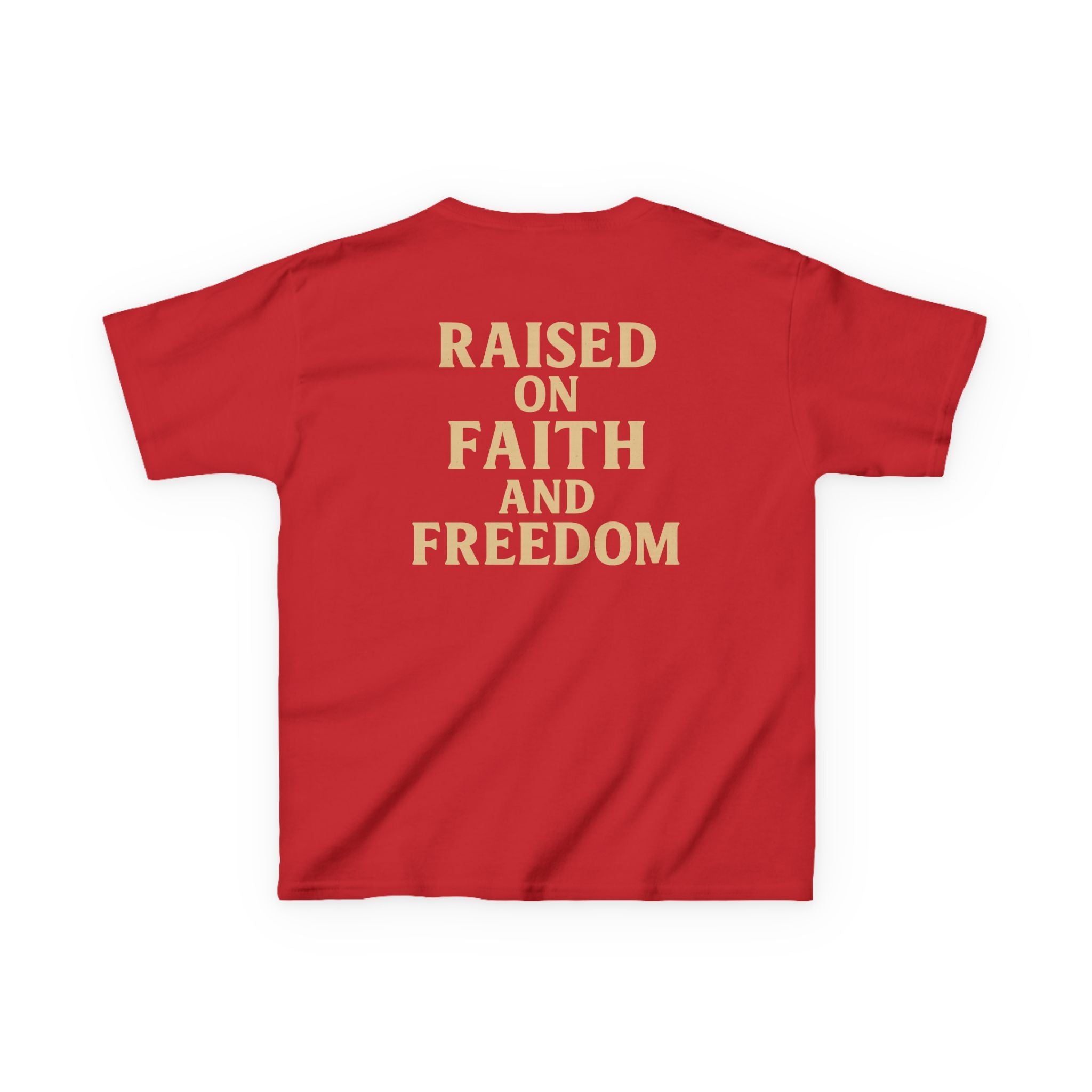 Kids T‑Shirt — 'Raised on Faith and Freedom' Patriotic Youth Tee