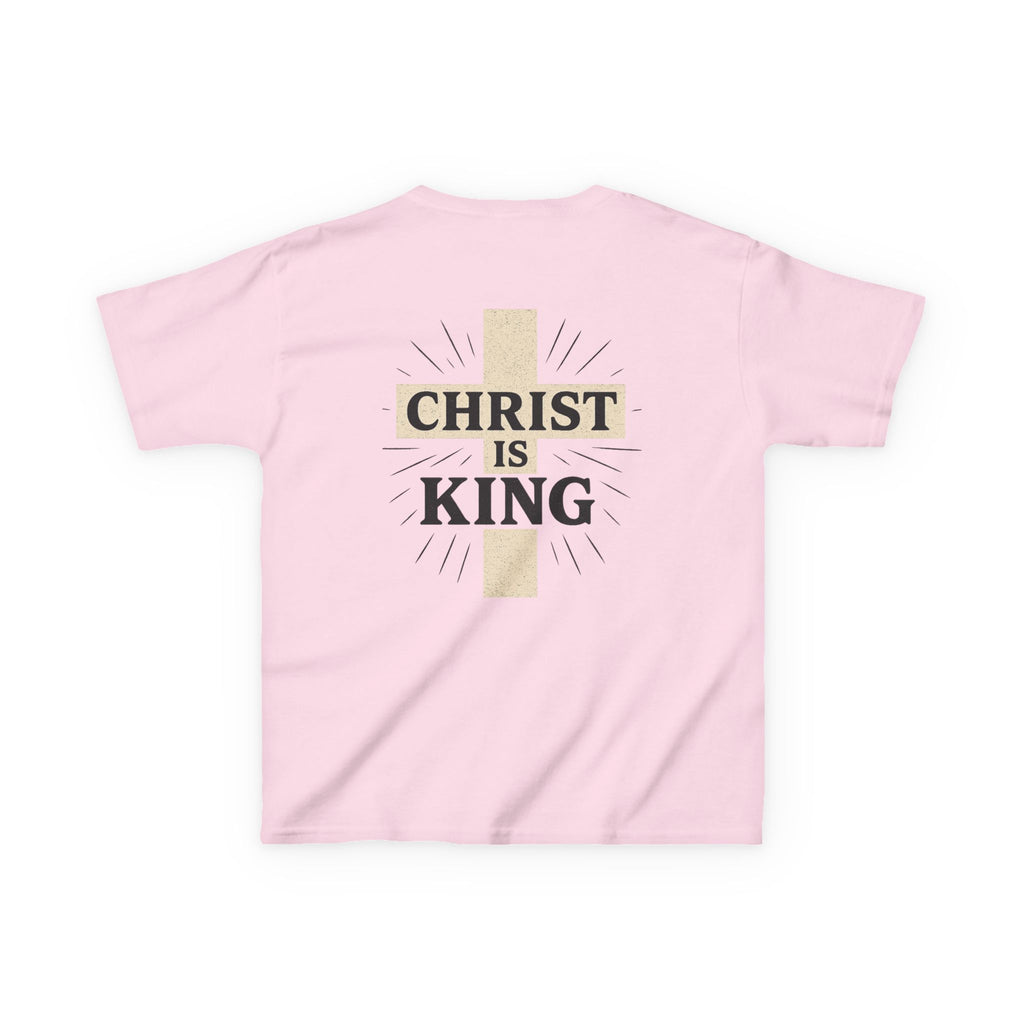 Kids Tee — "Christ Is King" Cross Back Christian Shirt