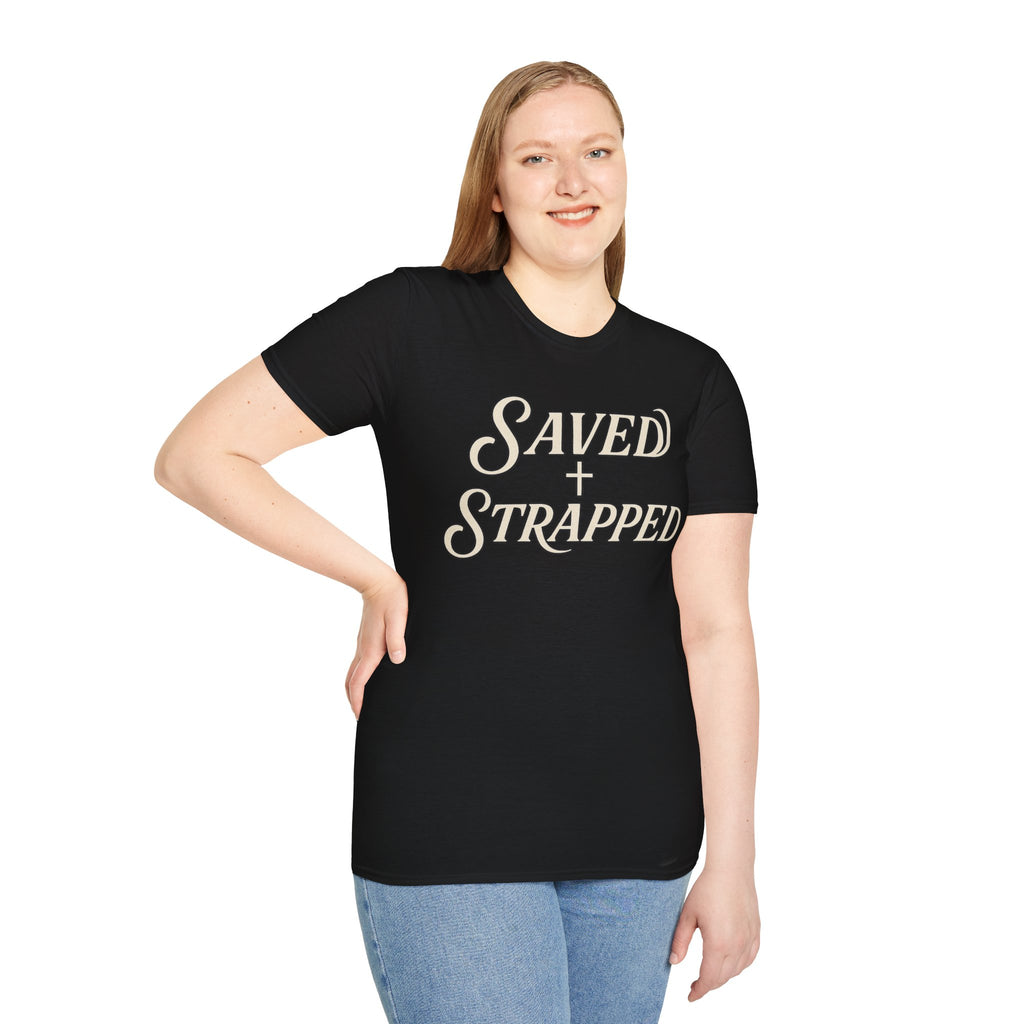 Saved + Strapped T-Shirt — Vintage Script Christian Faith Tee