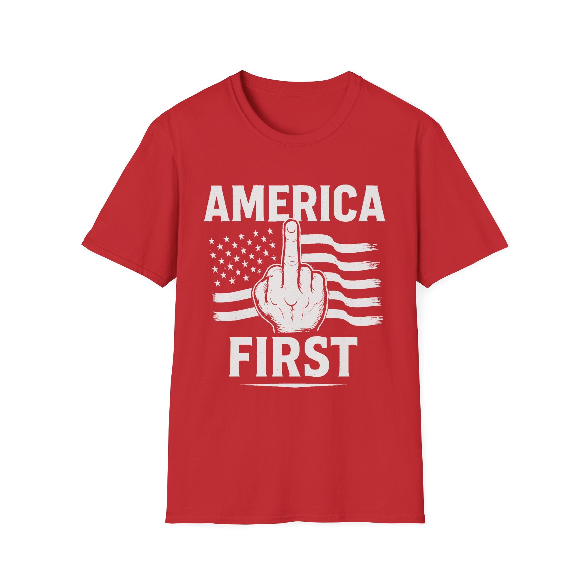 America First T-Shirt – Bold Patriotic Graphic Tee with Middle Finger Flag Design