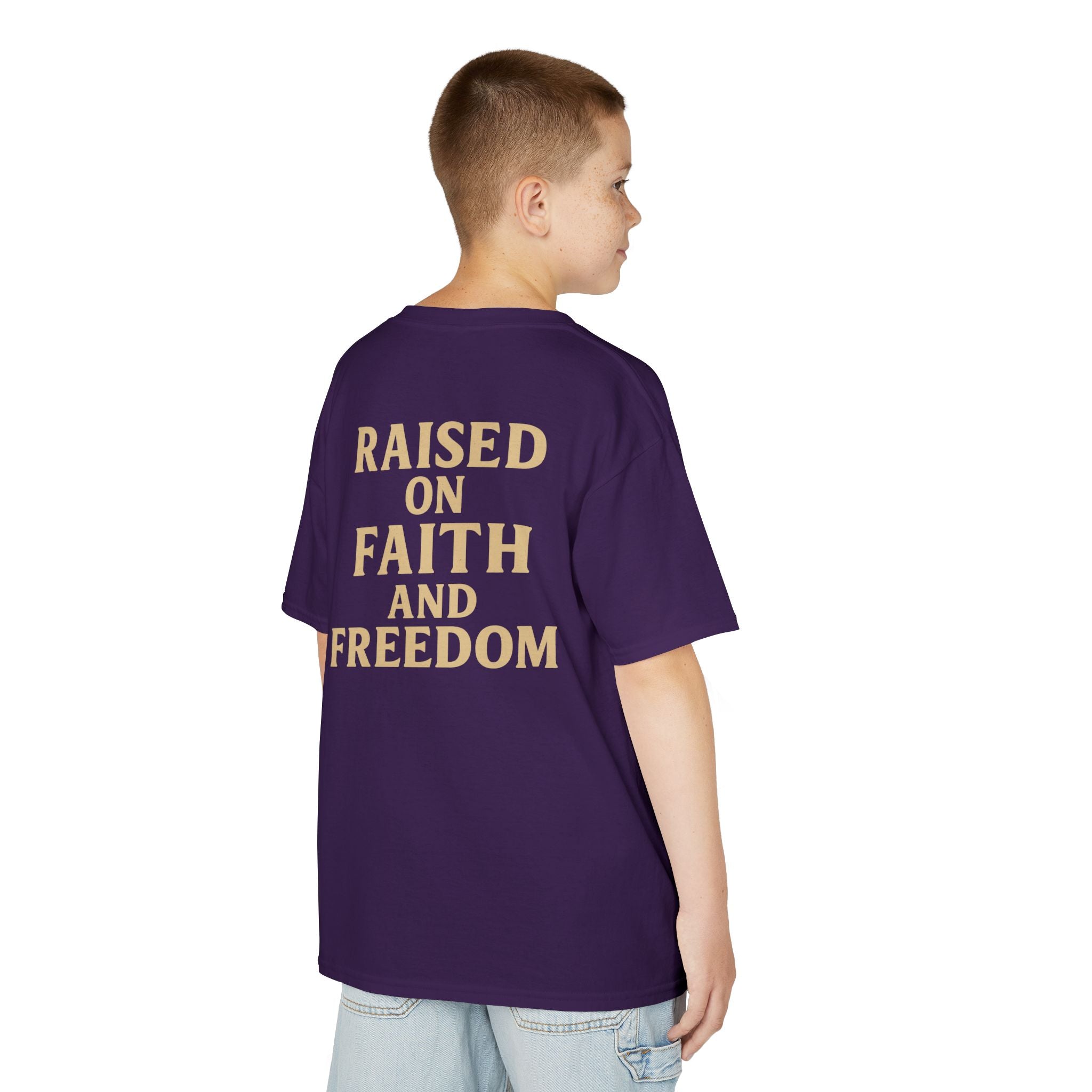 Kids T‑Shirt — 'Raised on Faith and Freedom' Patriotic Youth Tee