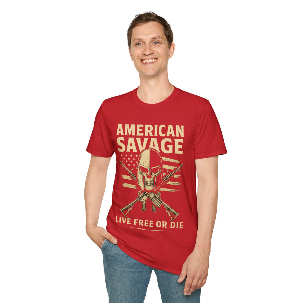 American Savage T-Shirt – "Live Free or Die" Skull & Flag Graphic