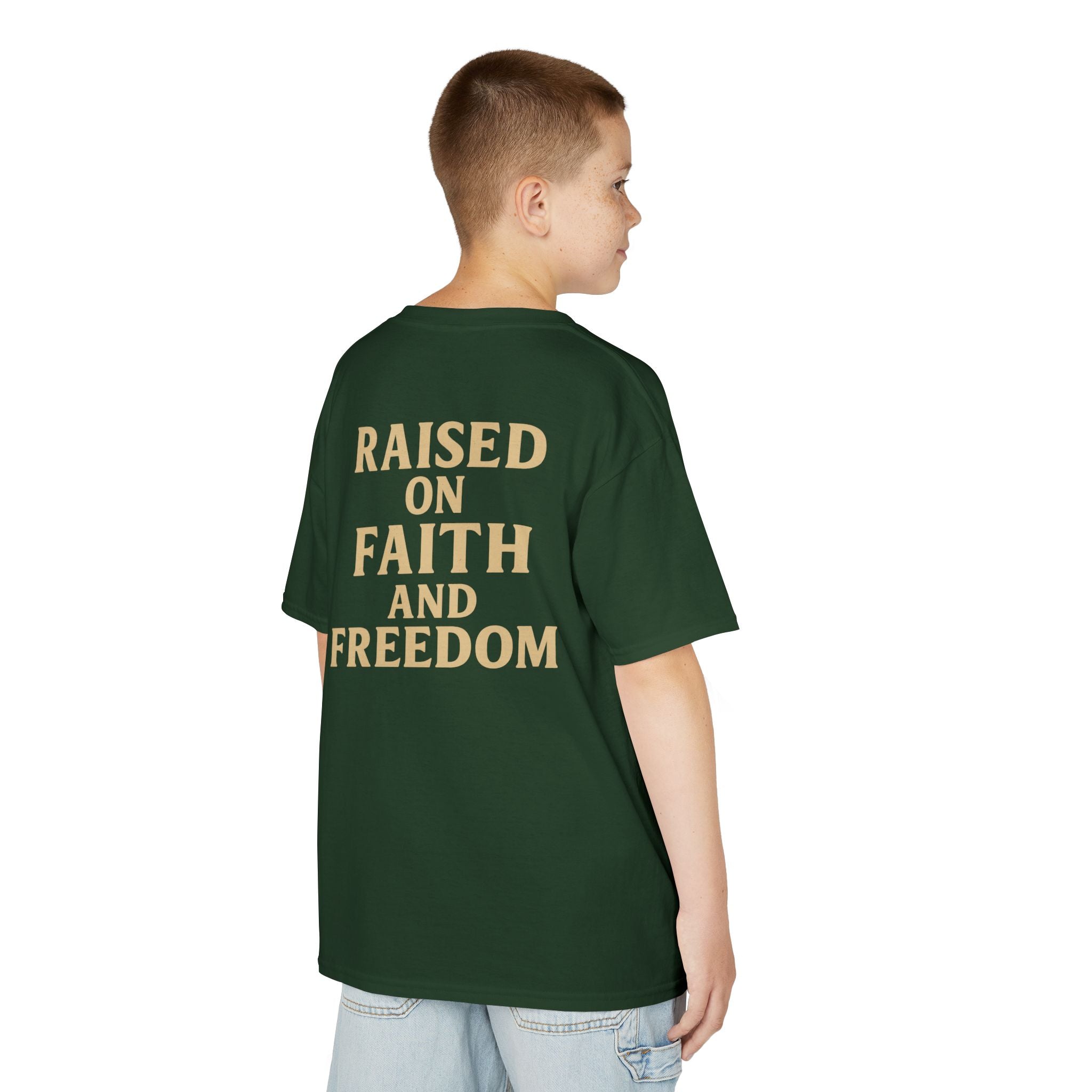 Kids T‑Shirt — 'Raised on Faith and Freedom' Patriotic Youth Tee