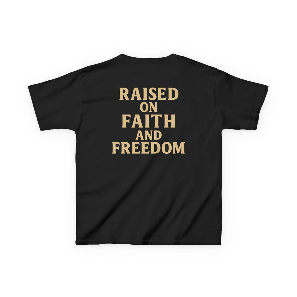 Kids T‑Shirt — 'Raised on Faith and Freedom' Patriotic Youth Tee