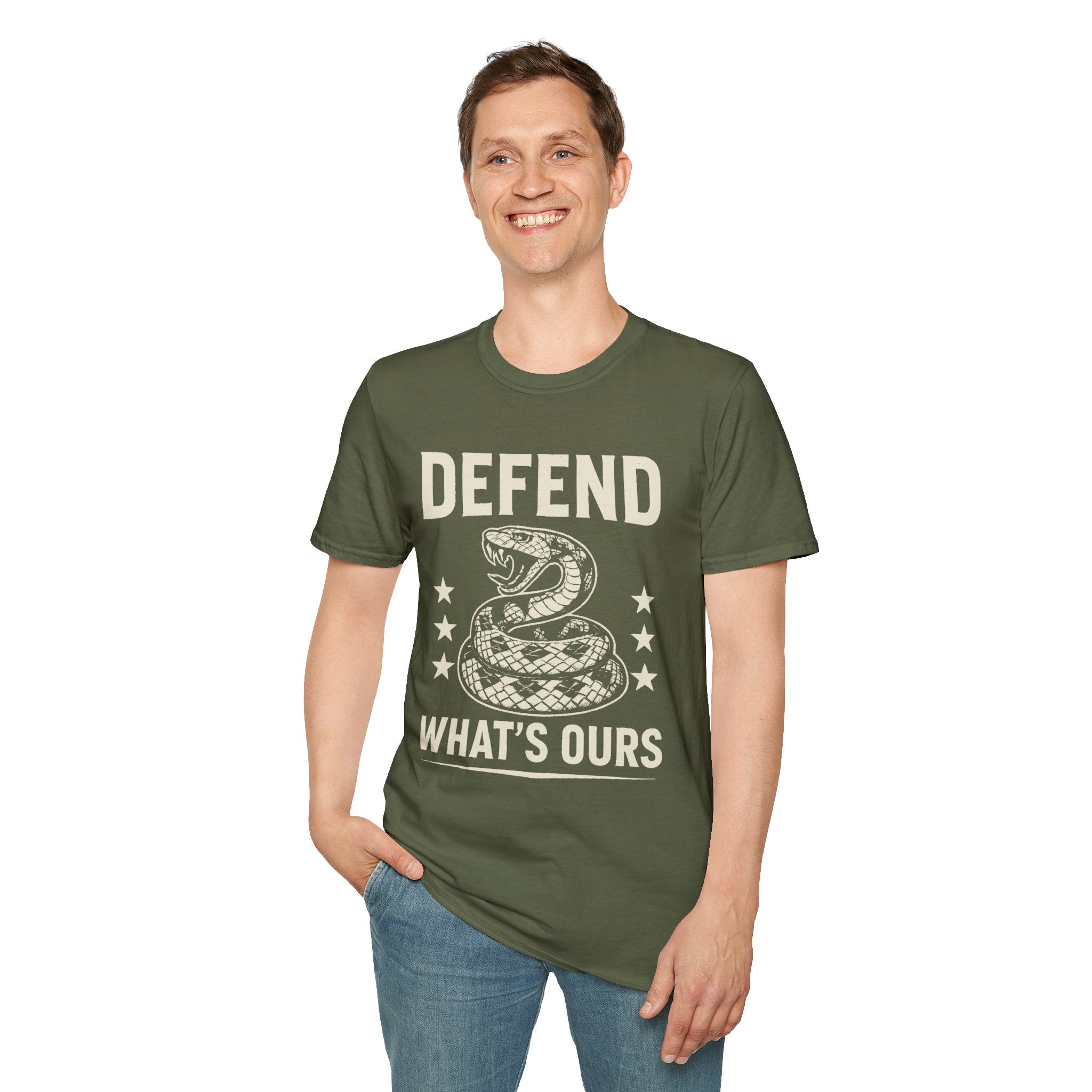 Defend What's Ours T-Shirt — Vintage Coiled Snake Patriotic Graphic Tee