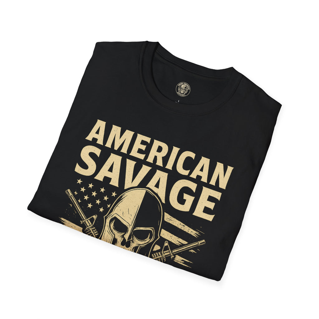 American Savage T-Shirt – "Live Free or Die" Skull & Flag Graphic