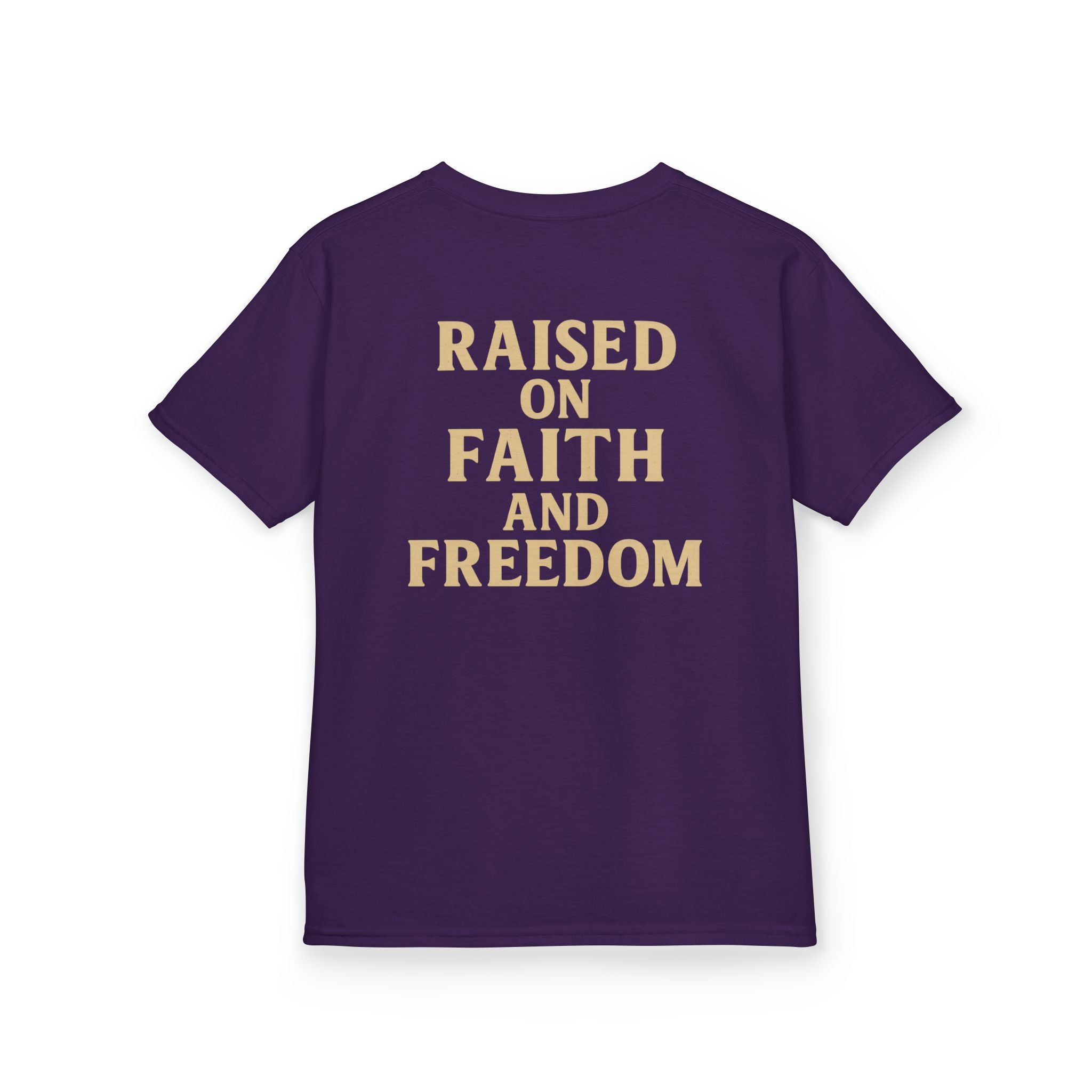 Kids T‑Shirt — 'Raised on Faith and Freedom' Patriotic Youth Tee