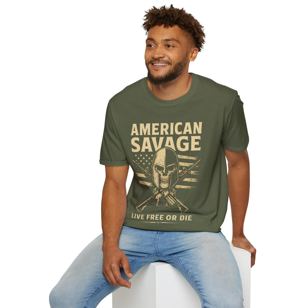 American Savage T-Shirt – "Live Free or Die" Skull & Flag Graphic