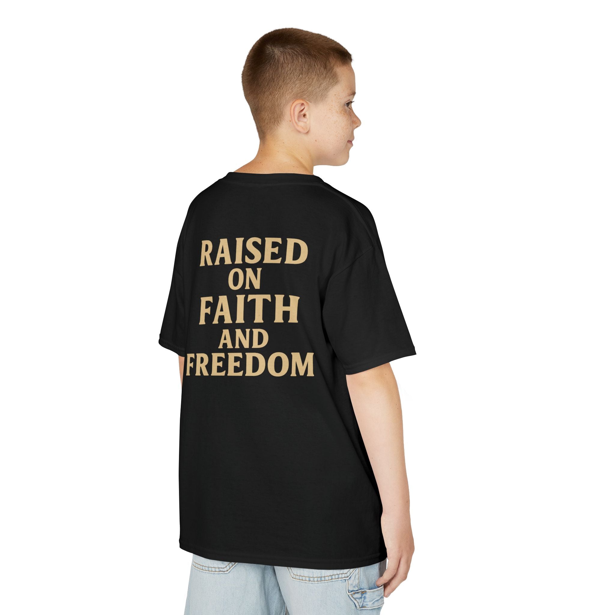 Kids T‑Shirt — 'Raised on Faith and Freedom' Patriotic Youth Tee