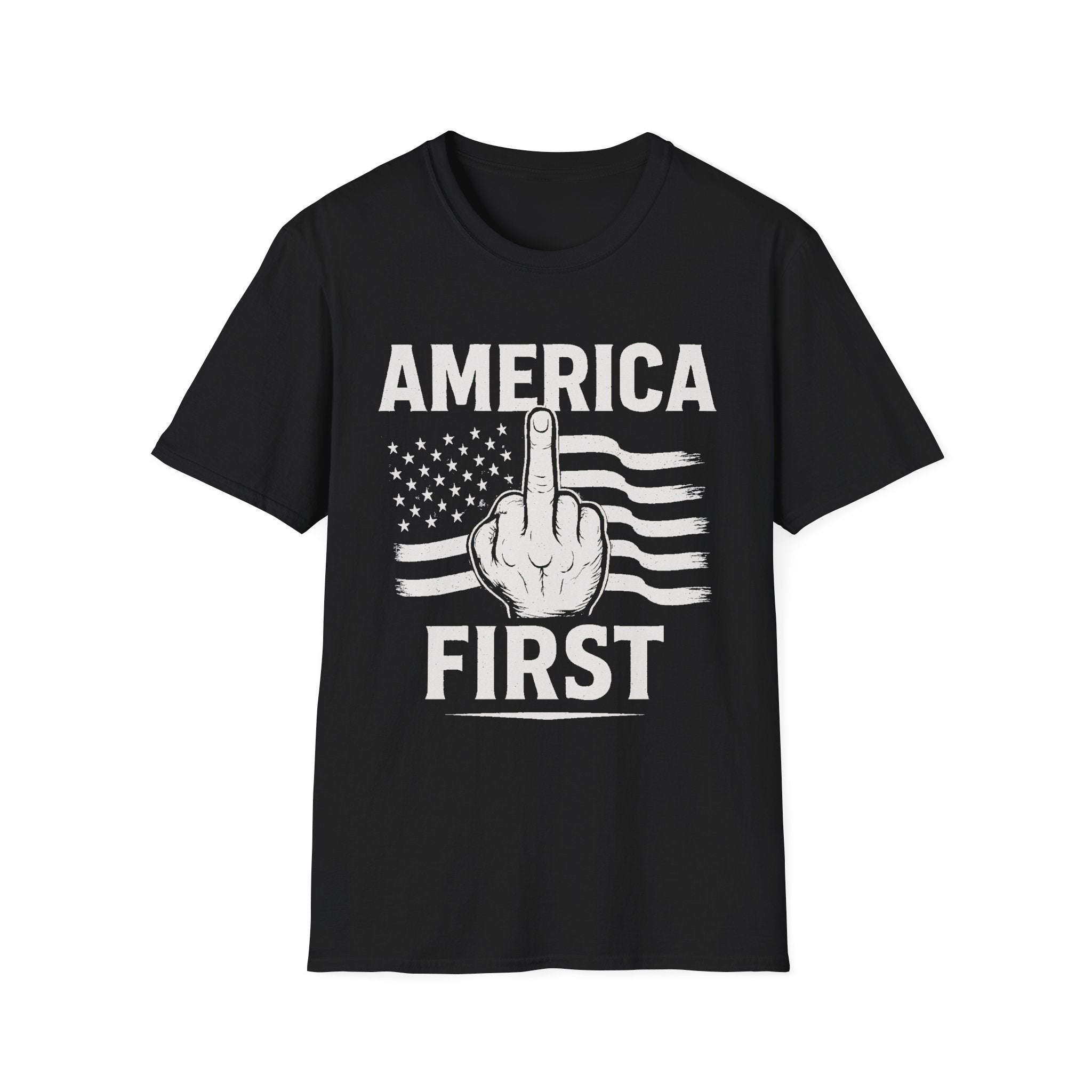 America First T-Shirt – Bold Patriotic Graphic Tee with Middle Finger Flag Design