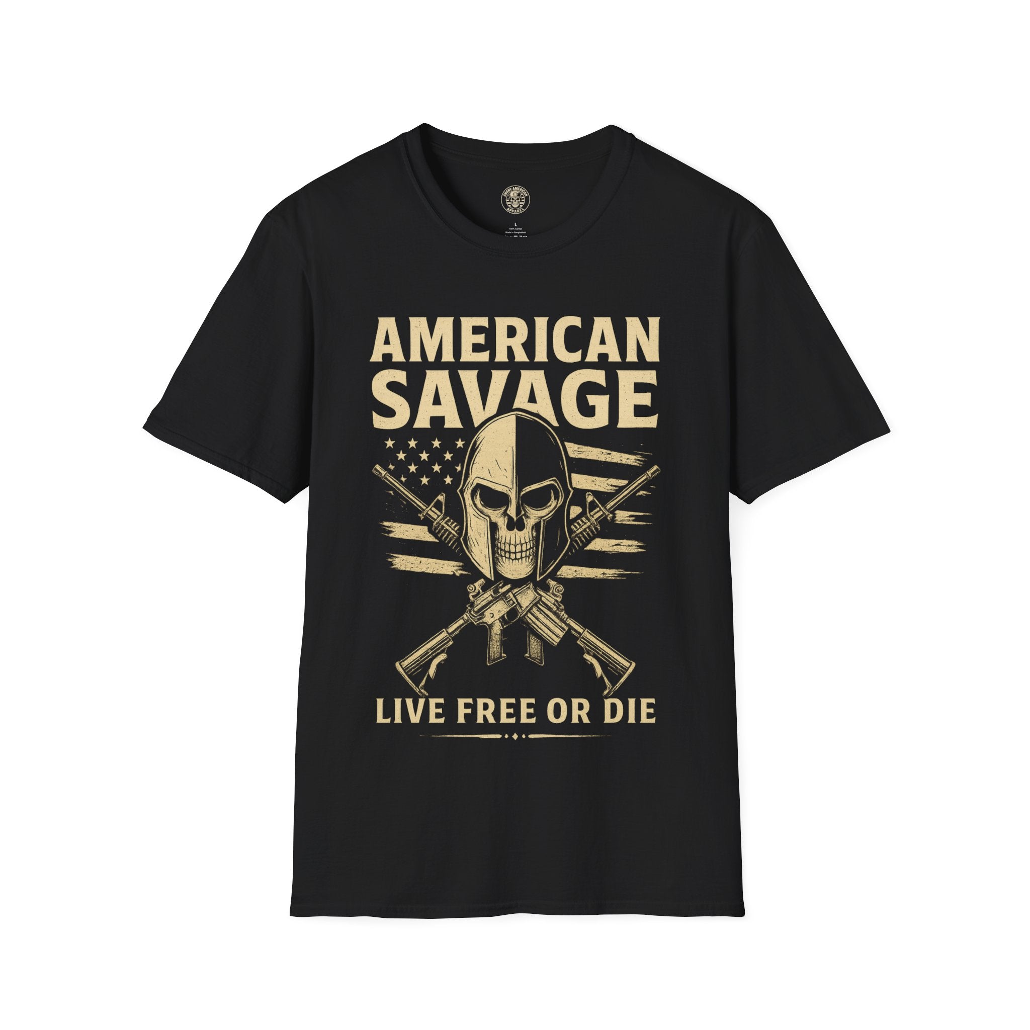American Savage T-Shirt – "Live Free or Die" Skull & Flag Graphic