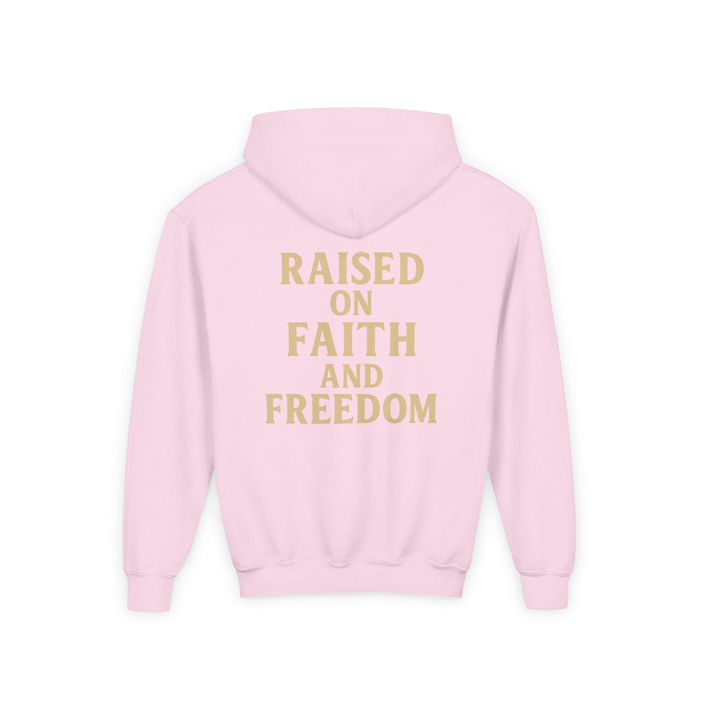 Youth Hoodie — "Raised on Faith and Freedom" Back Print