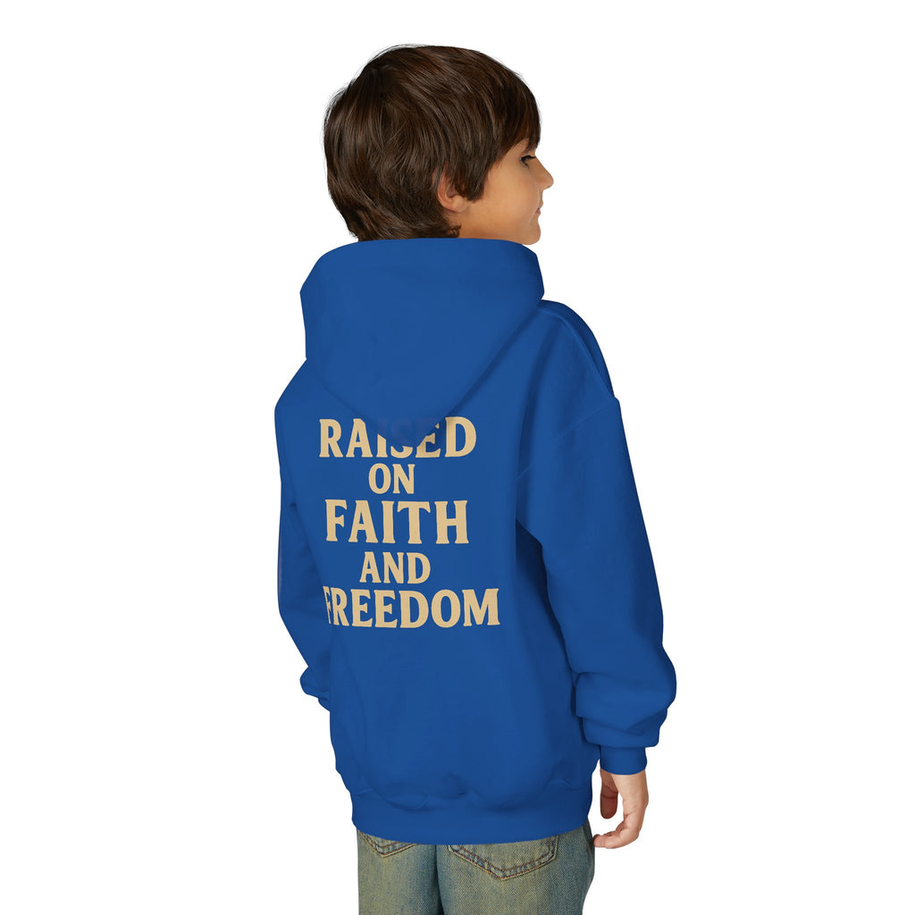 Youth Hoodie — "Raised on Faith and Freedom" Back Print