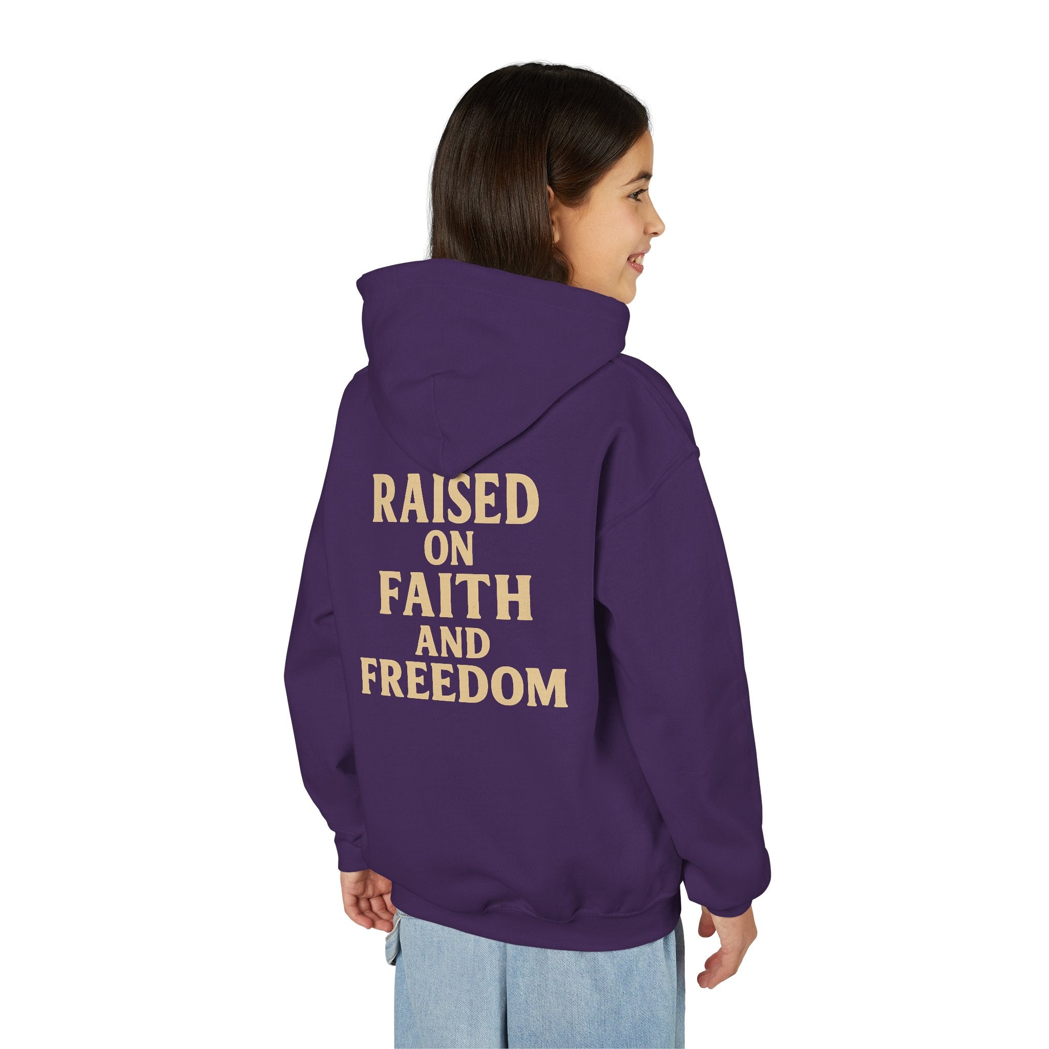 Youth Hoodie — "Raised on Faith and Freedom" Back Print