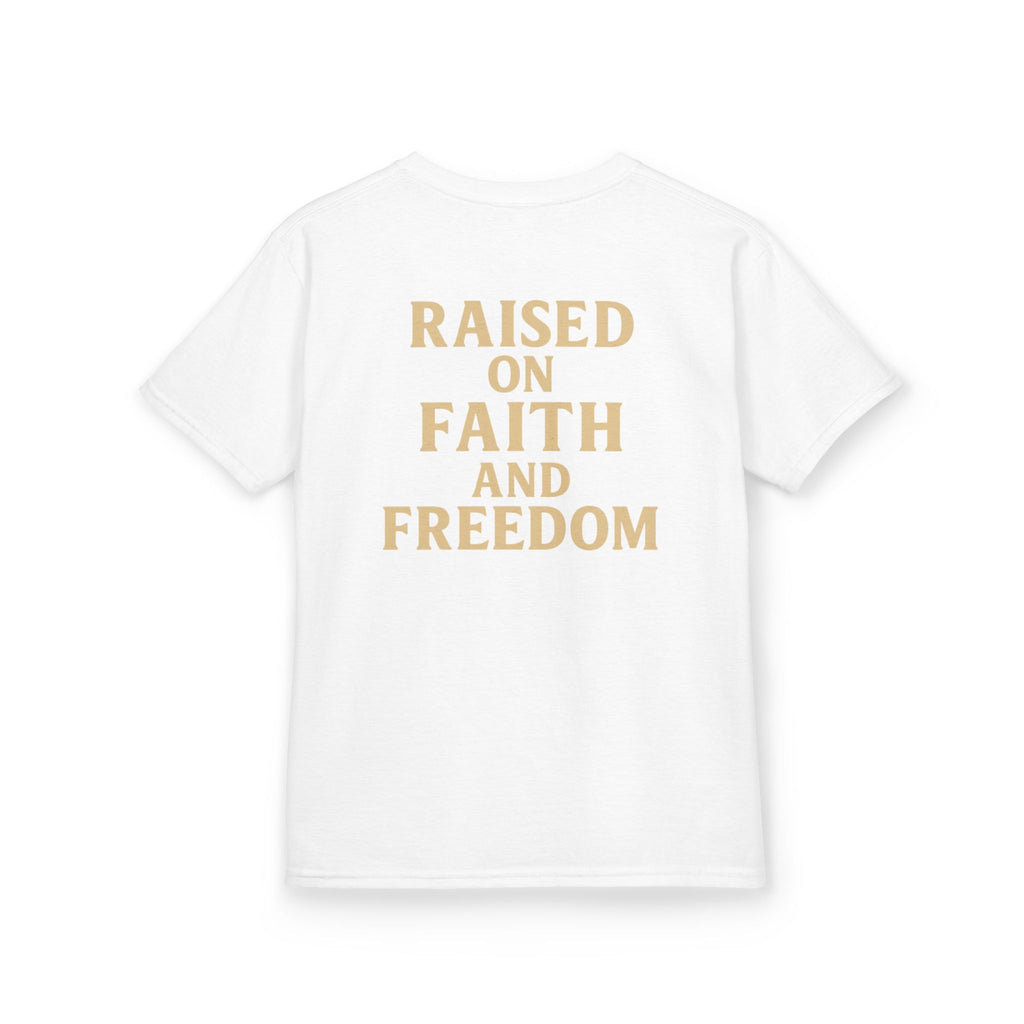 Kids T‑Shirt — 'Raised on Faith and Freedom' Patriotic Youth Tee
