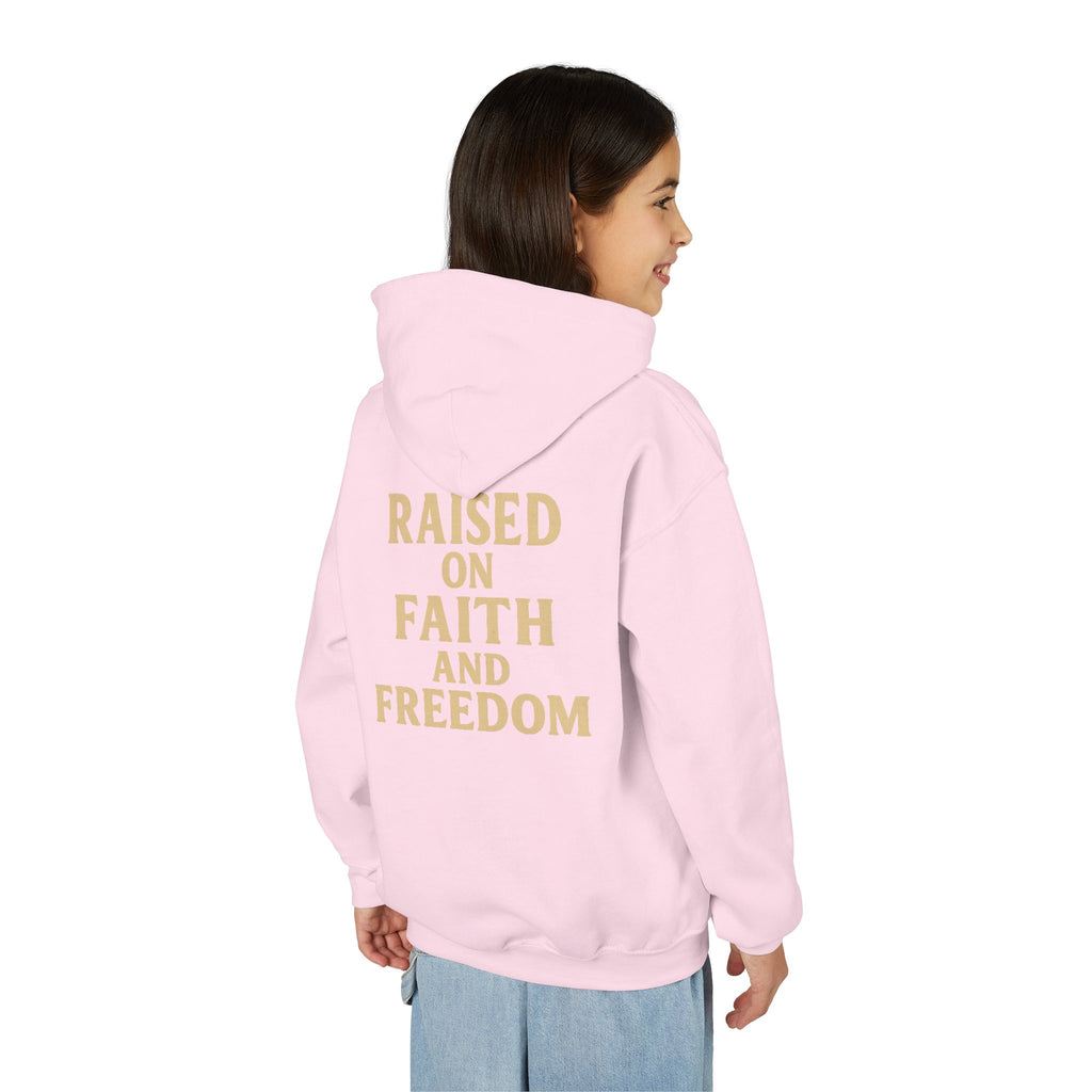 Youth Hoodie — "Raised on Faith and Freedom" Back Print
