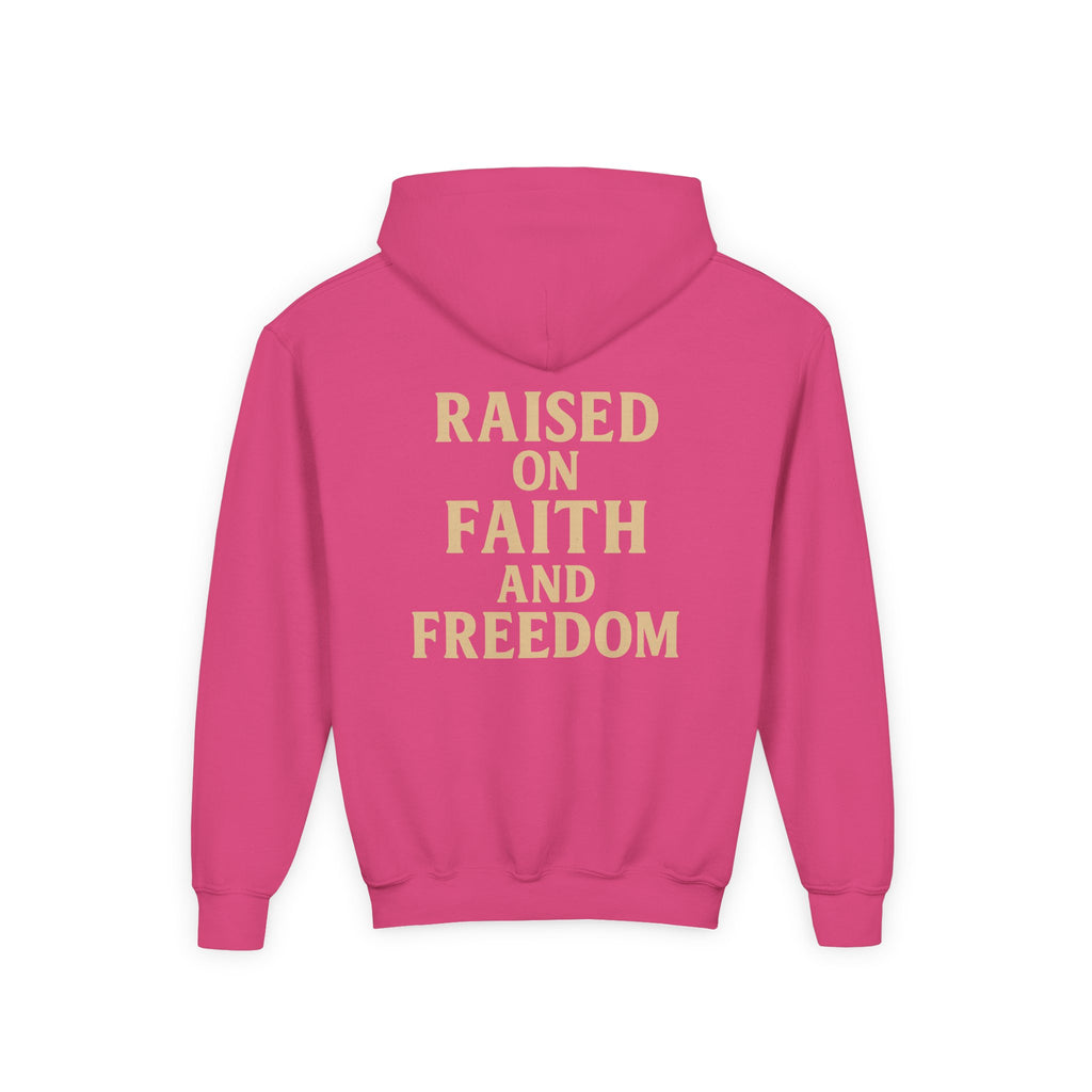 Youth Hoodie — "Raised on Faith and Freedom" Back Print
