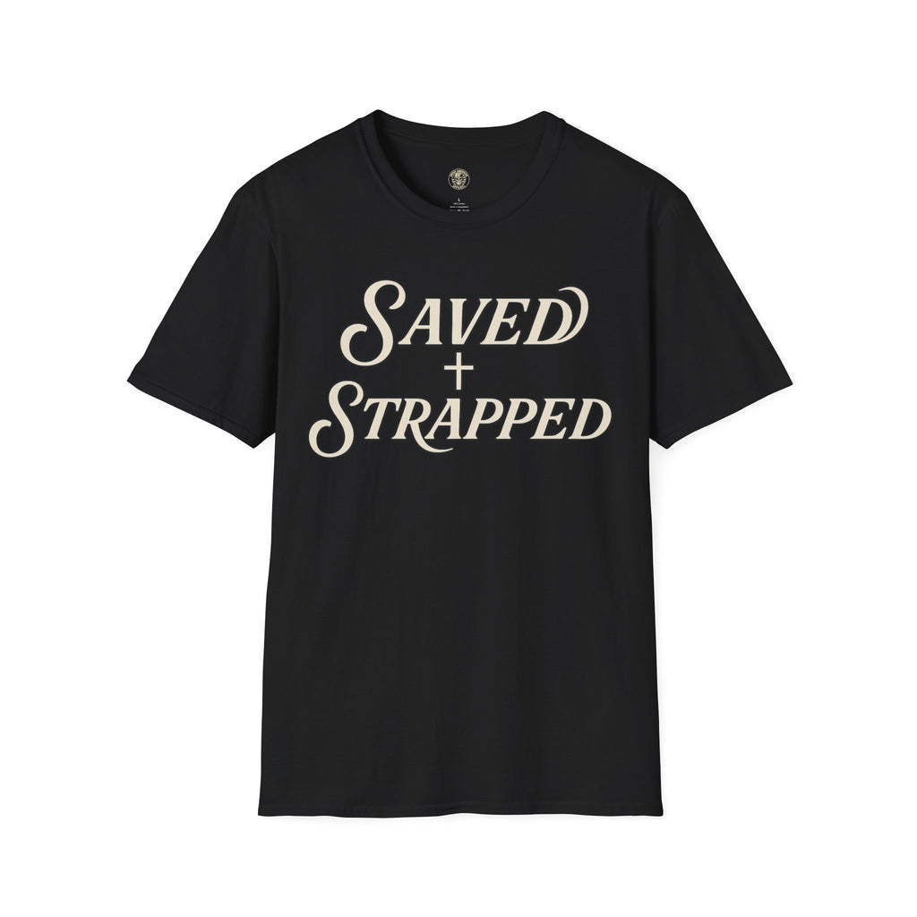 Saved + Strapped T-Shirt — Vintage Script Christian Faith Tee