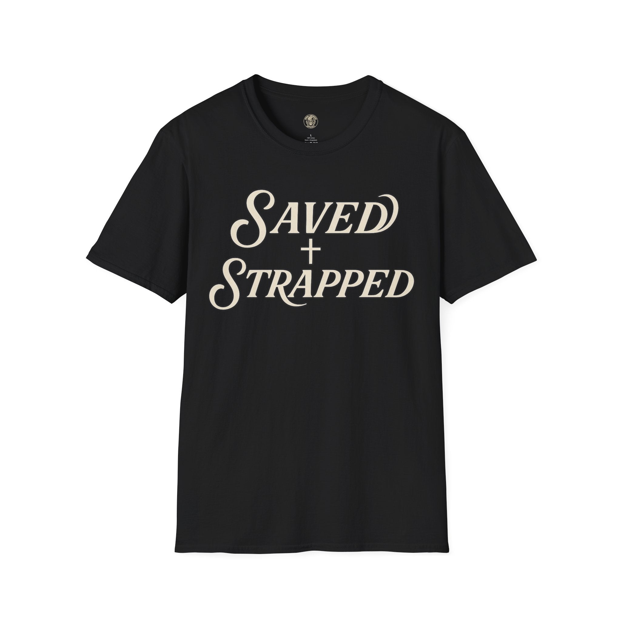 Saved + Strapped T-Shirt — Vintage Script Christian Faith Tee