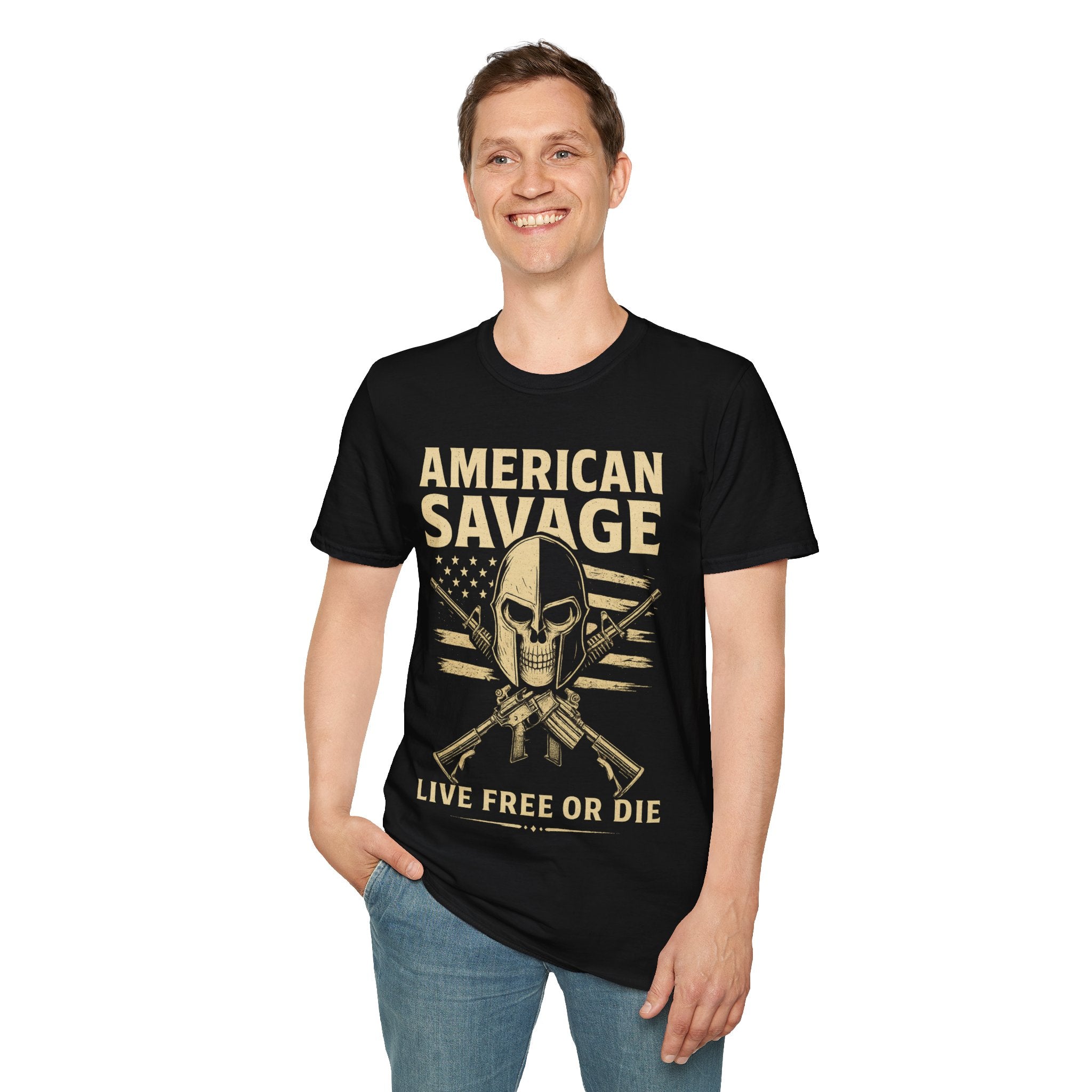 American Savage T-Shirt – "Live Free or Die" Skull & Flag Graphic