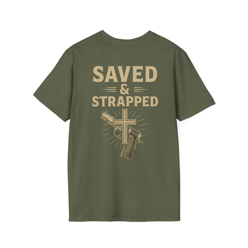 Saved & Strapped T-Shirt — Christian Faith & Firearm Graphic Tee